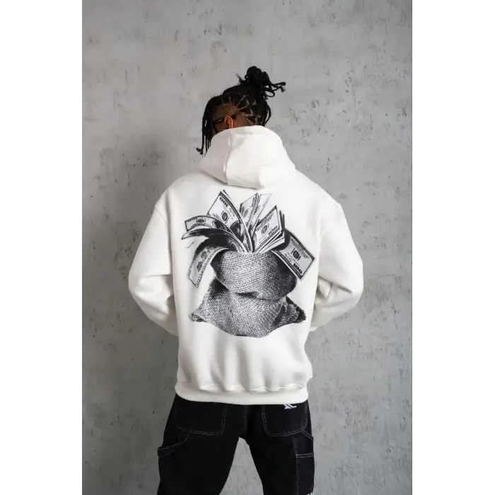 Erkek 3 İplik Pamuklu Kapüşonlu Baskılı Cepli Oversize Sweatshirt Hoodie - Beyaz
