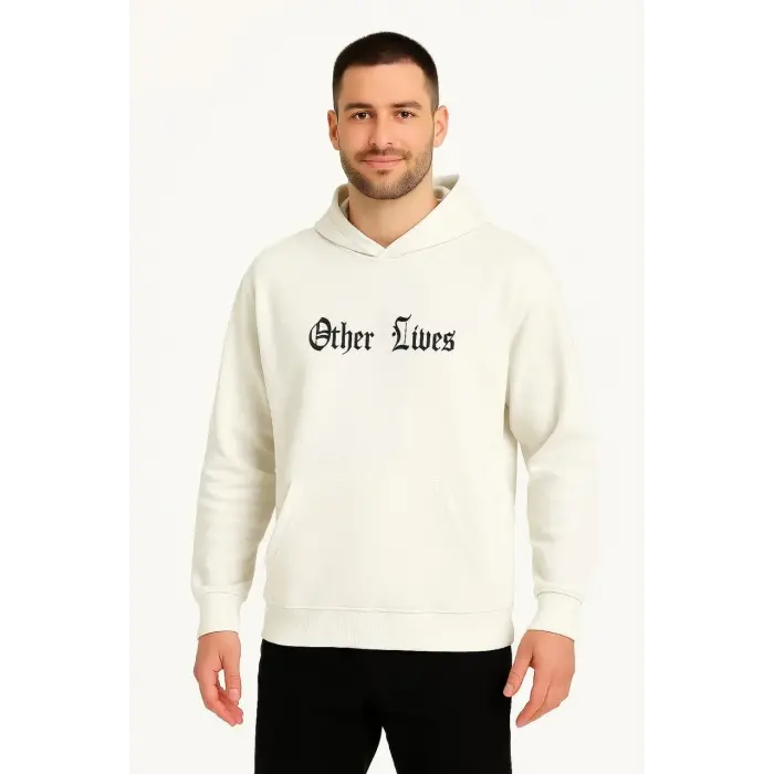 Erkek Kapüşonlu Kanguru Cepli Sweatshirt 3 İplik Pamuklu Baskılı Hoodie - Beyaz