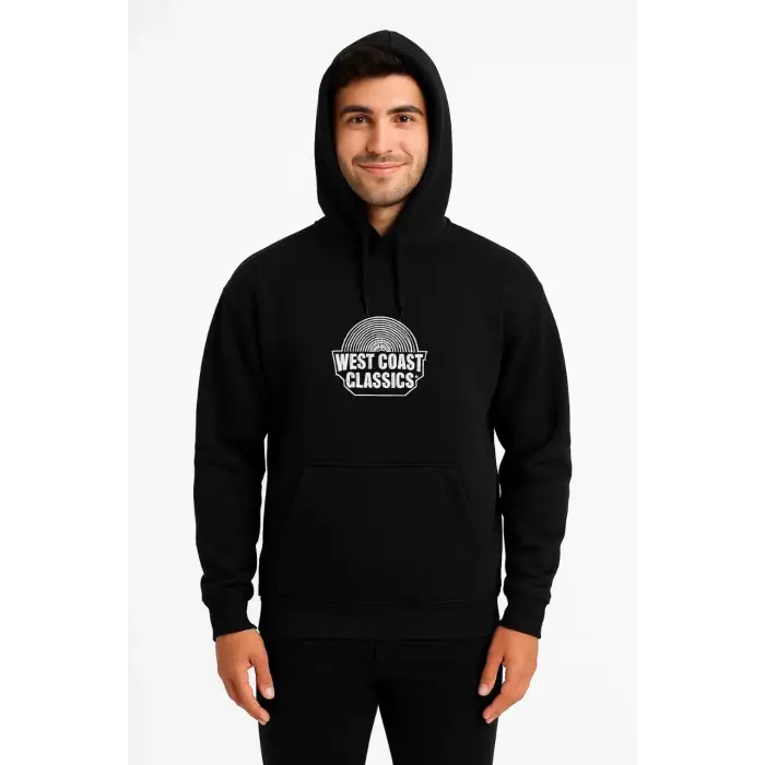 Erkek Kapüşonlu Kanguru Cepli Sweatshirt 3 İplik Pamuklu Baskılı Hoodie -  Siyah