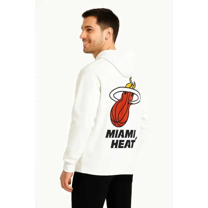 Erkek Kapüşonlu Kanguru Cepli Sweatshirt 3 İplik Pamuklu Baskılı Hoodie - Beyaz