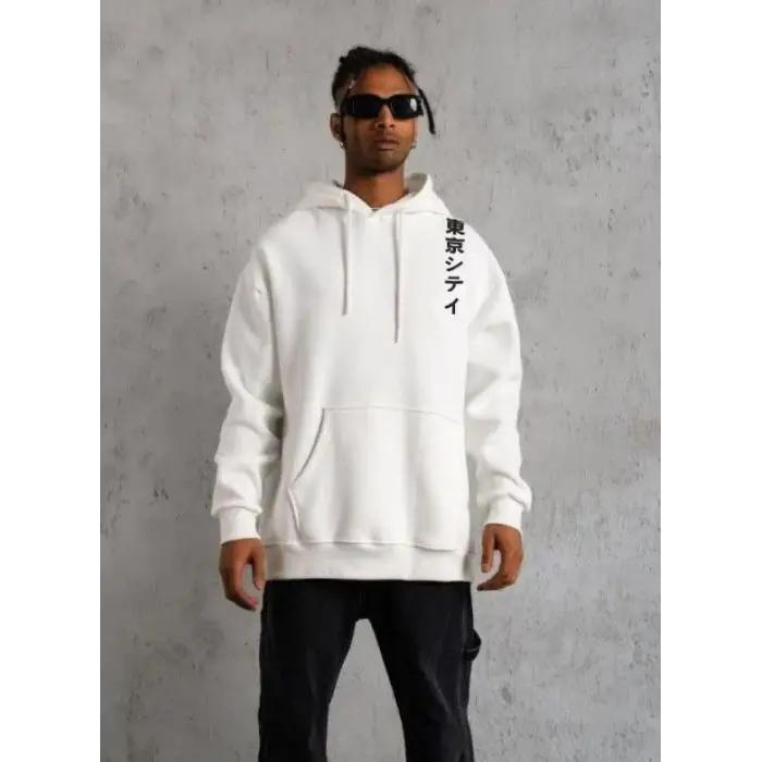 Erkek 3 İplik Pamuklu Kapüşonlu Baskılı Cepli Oversize Sweatshirt Hoodie - Beyaz