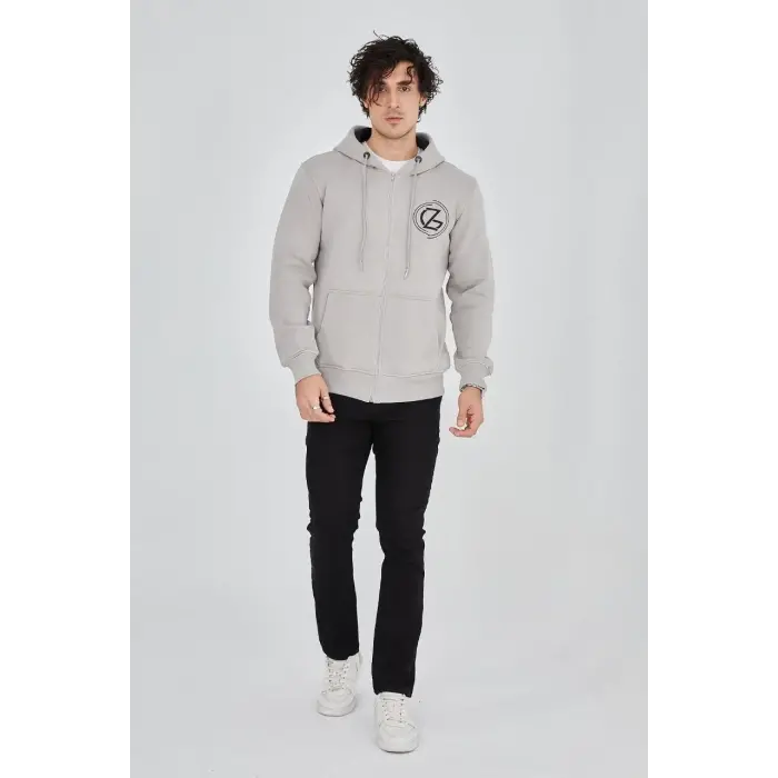 Erkek 3 İplik Pamuklu Fermuarlı Kapüşonlu Kanguru Cepli Baskılı Hoodie Hırka Sweatshirt - Boyalı Gri