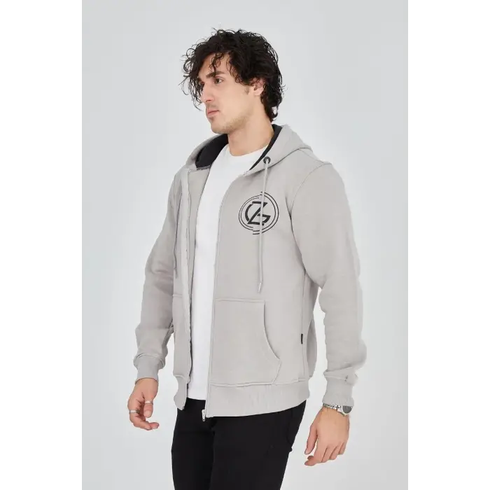 Erkek 3 İplik Pamuklu Fermuarlı Kapüşonlu Kanguru Cepli Baskılı Hoodie Hırka Sweatshirt - Boyalı Gri