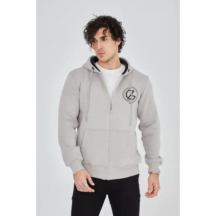 Erkek 3 İplik Pamuklu Fermuarlı Kapüşonlu Kanguru Cepli Baskılı Hoodie Hırka Sweatshirt - Boyalı Gri