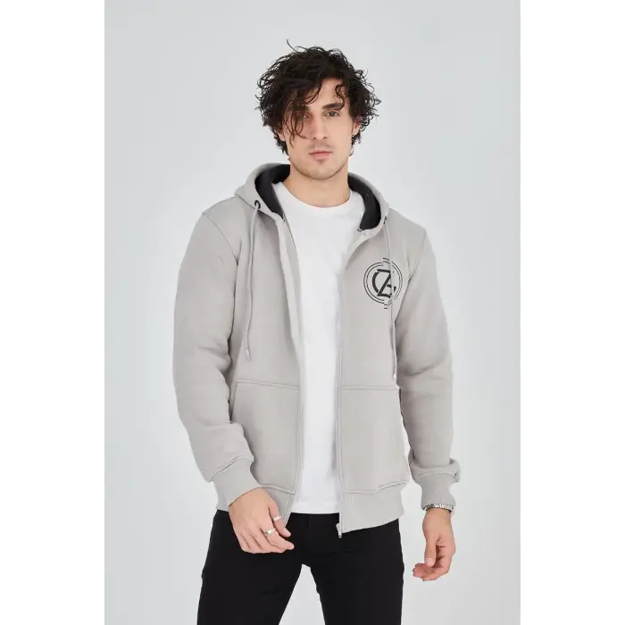 Erkek 3 İplik Pamuklu Fermuarlı Kapüşonlu Kanguru Cepli Baskılı Hoodie Hırka Sweatshirt - Boyalı Gri