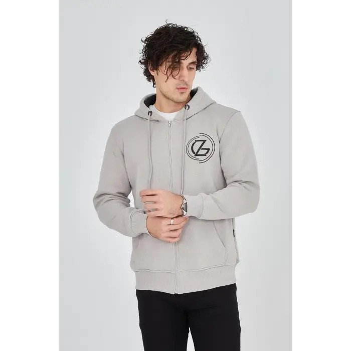 Erkek 3 İplik Pamuklu Fermuarlı Kapüşonlu Kanguru Cepli Baskılı Hoodie Hırka Sweatshirt - Boyalı Gri