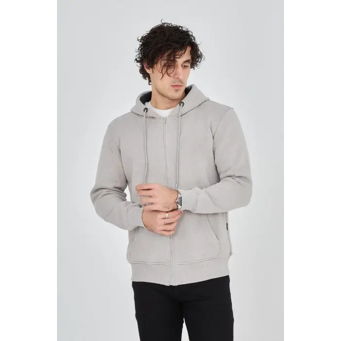Erkek 3 İplik Pamuklu Fermuarlı Kapüşonlu Kanguru Cepli Hoodie Hırka Sweatshirt - Boyalı Gri
