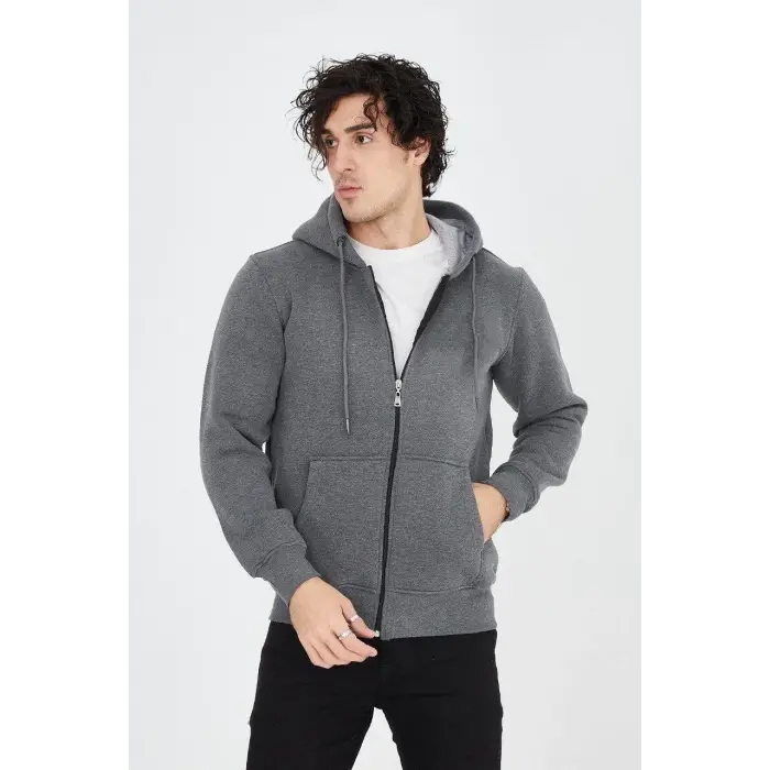Erkek 3 İplik Pamuklu Fermuarlı Kapüşonlu Kanguru Cepli Hoodie Hırka Sweatshirt - Füme