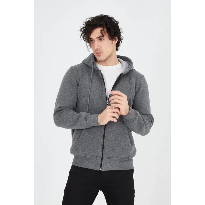 Erkek 3 İplik Pamuklu Fermuarlı Kapüşonlu Kanguru Cepli Hoodie Hırka Sweatshirt - Füme