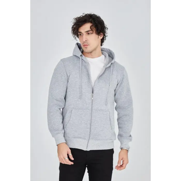 Erkek 3 İplik Pamuklu Fermuarlı Kapüşonlu Kanguru Cepli Hoodie Hırka Sweatshirt - Gri