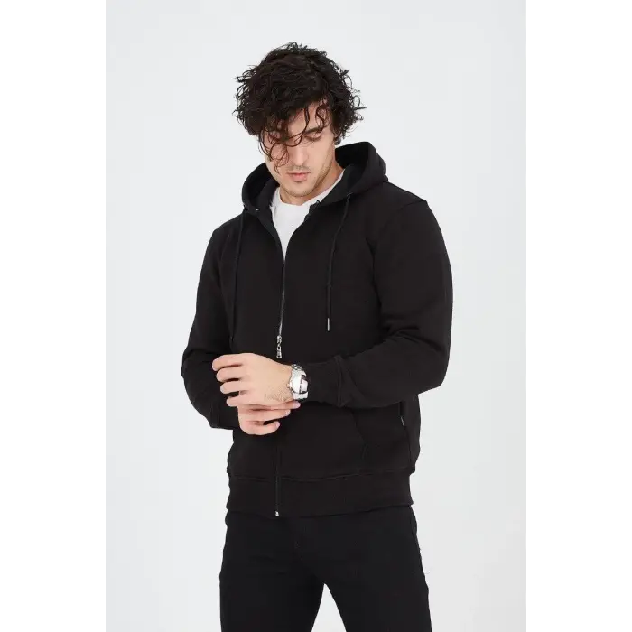 Erkek 3 İplik Pamuklu Fermuarlı Kapüşonlu Kanguru Cepli Hoodie Hırka Sweatshirt - Siyah