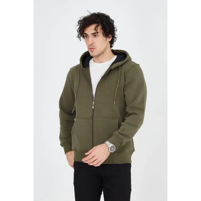 Erkek 3 İplik Pamuklu Fermuarlı Kapüşonlu Kanguru Cepli Hoodie Hırka Sweatshirt - Yeşil