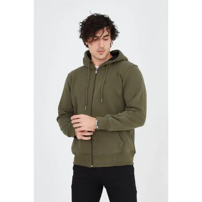 Erkek 3 İplik Pamuklu Fermuarlı Kapüşonlu Kanguru Cepli Hoodie Hırka Sweatshirt - Yeşil