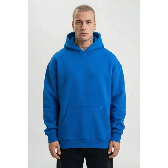 Erkek Baskılı Kapüşonlu Cepli Hoodie 3 İplik Pamuklu Sweatshirt - Saks Mavisi