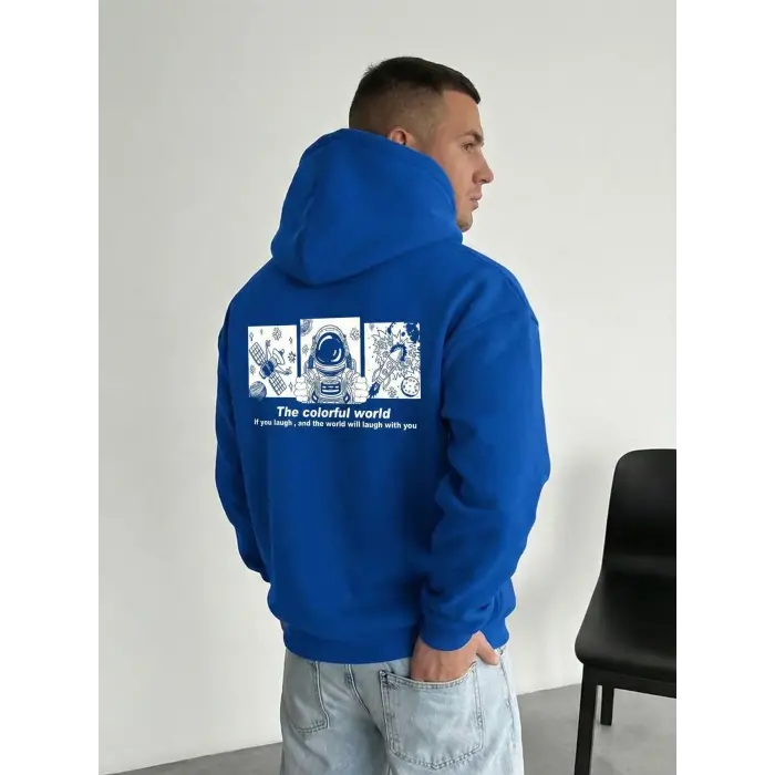 Erkek Baskılı Kapüşonlu Cepli Hoodie 3 İplik Pamuklu Sweatshirt - Saks Mavisi
