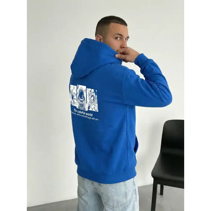 Erkek Baskılı Kapüşonlu Cepli Hoodie 3 İplik Pamuklu Sweatshirt - Saks Mavisi