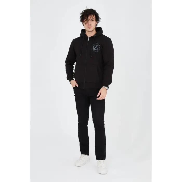 Erkek 3 İplik Pamuklu Fermuarlı Kapüşonlu Kanguru Cepli Baskılı Hoodie Hırka Sweatshirt - Siyah