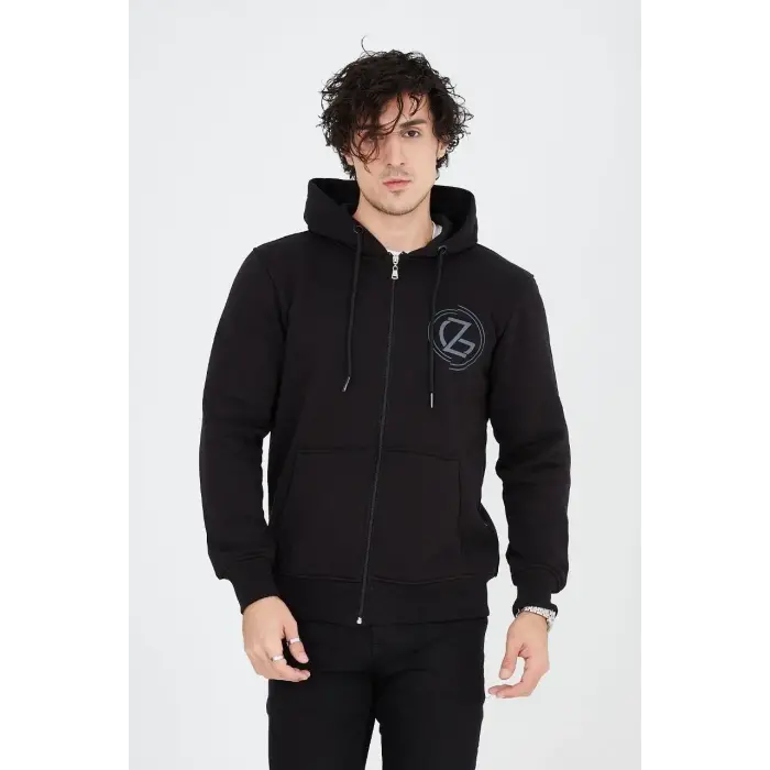 Erkek 3 İplik Pamuklu Fermuarlı Kapüşonlu Kanguru Cepli Baskılı Hoodie Hırka Sweatshirt - Siyah