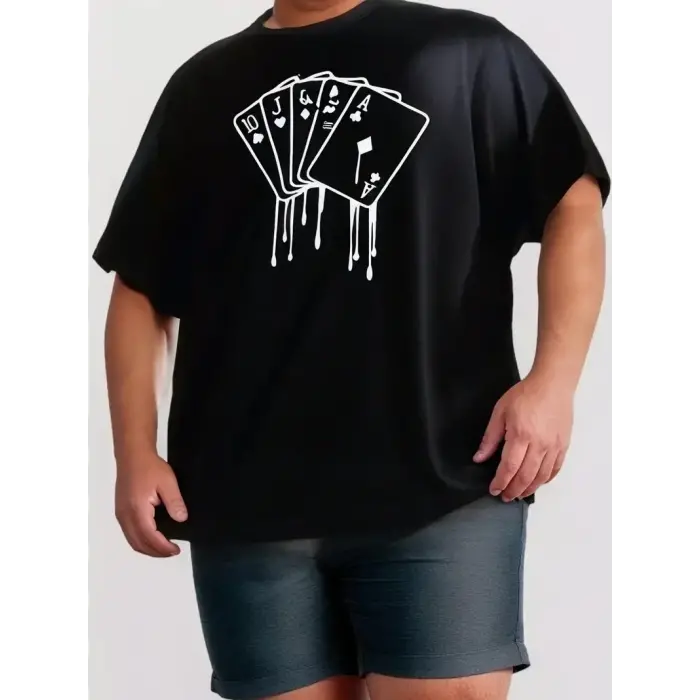 Erkek Kısa Kol Yazlık Tişört Bisiklet Yaka KART Baskılı T-Shirt - Siyah
