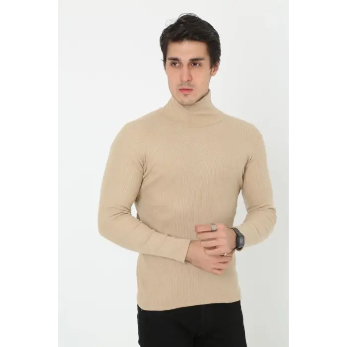 Erkek Fitilli Kaşkorse Kumaş Boğazlı Full Likralı Slimfit Body - Bej
