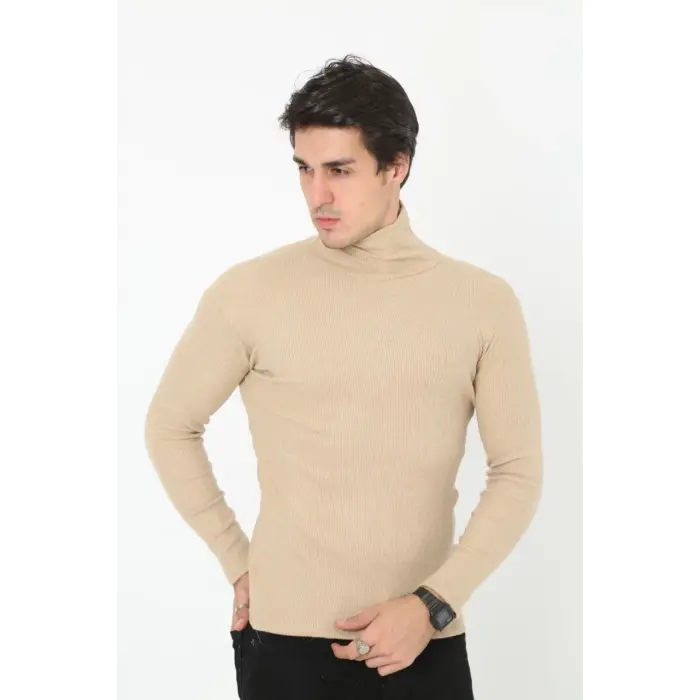 Erkek Fitilli Kaşkorse Kumaş Boğazlı Full Likralı Slimfit Body - Bej