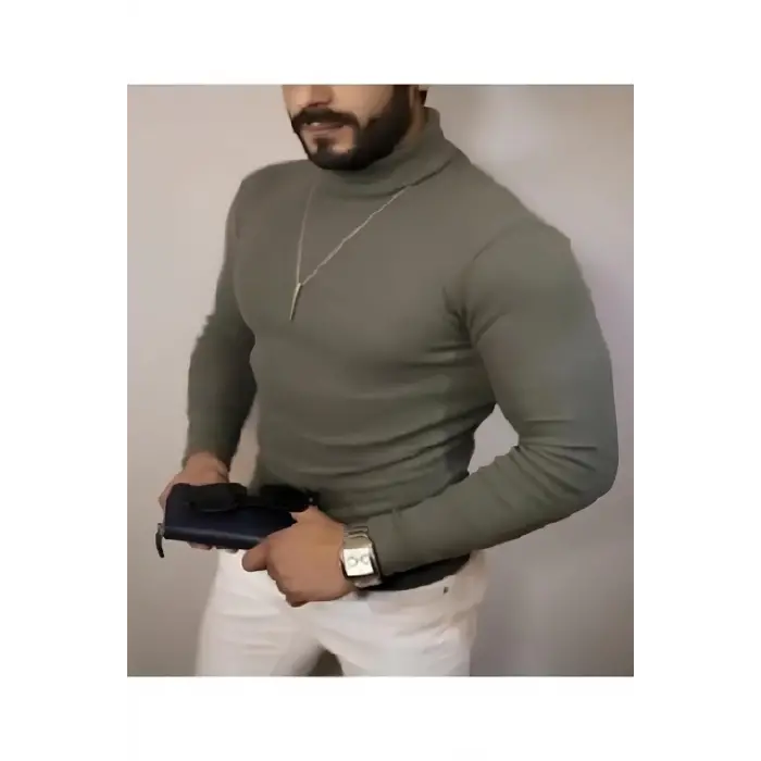 Erkek Kaşkorse Boğazlı Full Likralı Fitilli Body Kazak - Haki