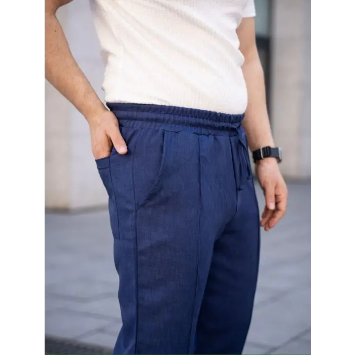 Erkek Keten Cepli Çıma Dikişli jogger Buggy Pantalon Rahat kalıp - Lacivert