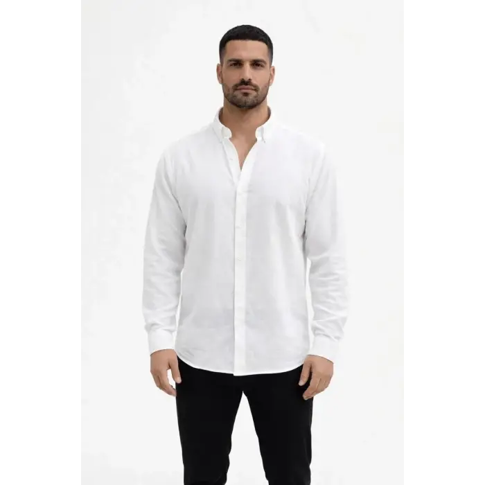 Erkek KETEN Kumaş Uzun Kollu Regular fit Gömlek - Beyaz