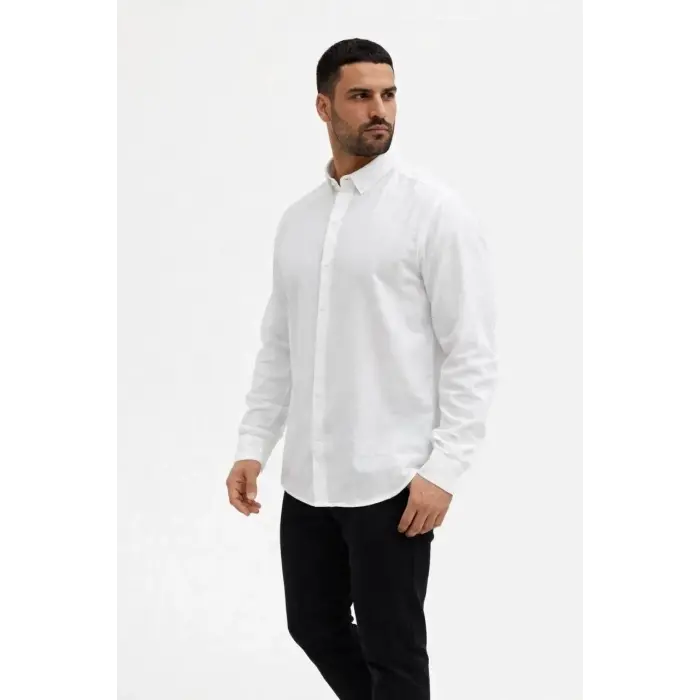 Erkek KETEN Kumaş Uzun Kollu Regular fit Gömlek - Beyaz