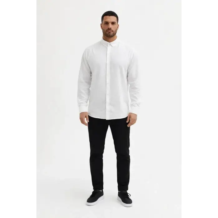 Erkek KETEN Kumaş Uzun Kollu Regular fit Gömlek - Beyaz