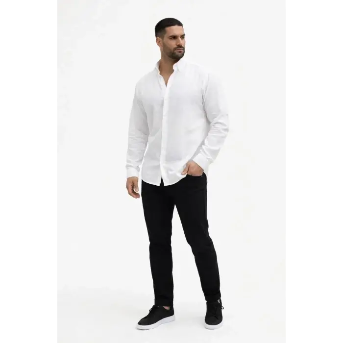 Erkek KETEN Kumaş Uzun Kollu Regular fit Gömlek - Beyaz