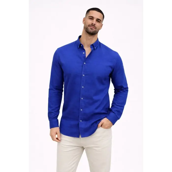 Erkek KETEN Kumaş Uzun Kollu Regular fit Gömlek - Saks Mavisi