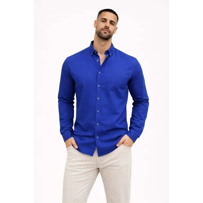 Erkek KETEN Kumaş Uzun Kollu Regular fit Gömlek - Saks Mavisi