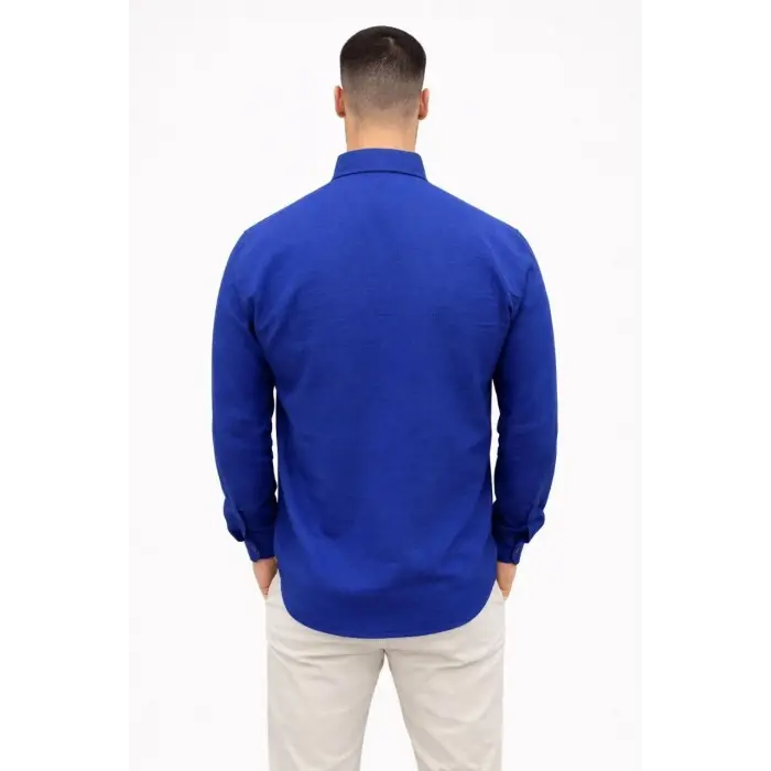 Erkek KETEN Kumaş Uzun Kollu Regular fit Gömlek - Saks Mavisi