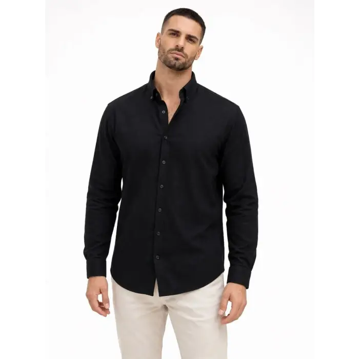 Erkek KETEN Kumaş  Uzun Kollu Regular Fit Gömlek - Siyah