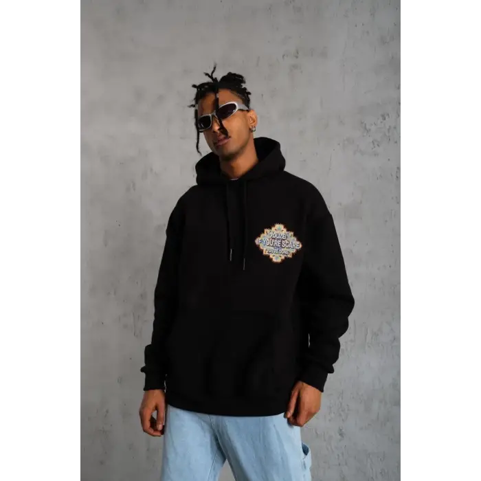 Erkek 3 İplik Pamuklu Kapüşonlu Baskılı Cepli Oversize Sweatshirt Hoodie - Siyah
