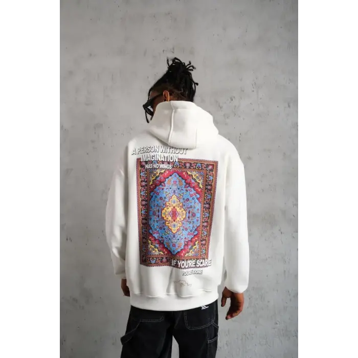 Erkek 3 İplik Pamuklu Kapüşonlu Baskılı Cepli Oversize Sweatshirt Hoodie - Beyaz