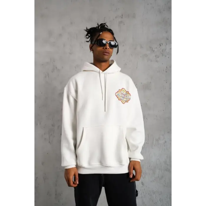 Erkek 3 İplik Pamuklu Kapüşonlu Baskılı Cepli Oversize Sweatshirt Hoodie - Beyaz