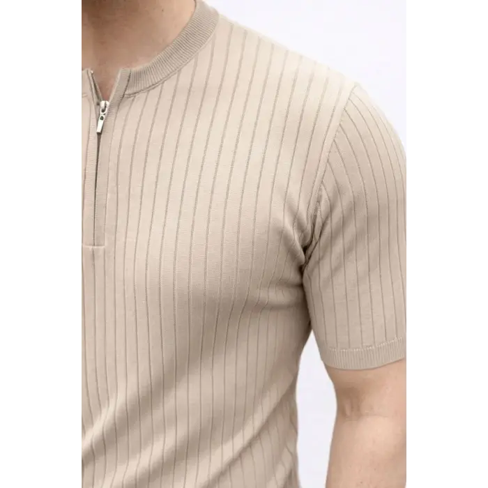 Erkek Kısa Kol Fitilli Triko T-Shirt Yazlık Hakim Yaka Tişört - Bej