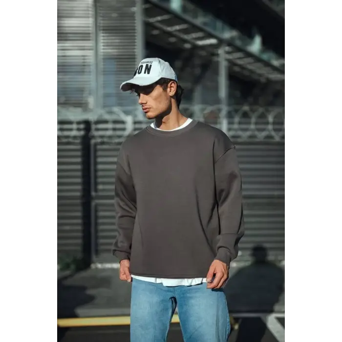 Erkek Bisiklet Yaka 3 iplik Pamuklu Basic SweatShirt  - Antrasit