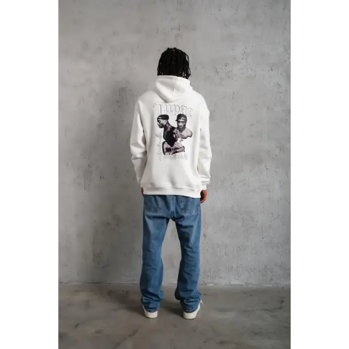Erkek 3 İplik Pamuklu Kapüşonlu Baskılı Cepli Oversize Sweatshirt Hoodie - Beyaz