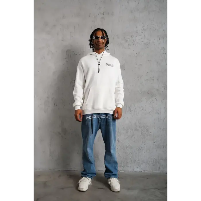 Erkek 3 İplik Pamuklu Kapüşonlu Baskılı Cepli Oversize Sweatshirt Hoodie - Beyaz
