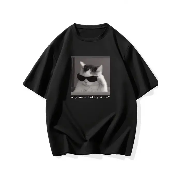 Erkek T-Shirt Komik Kedi Baskılı kısa kol Tişört - Siyah