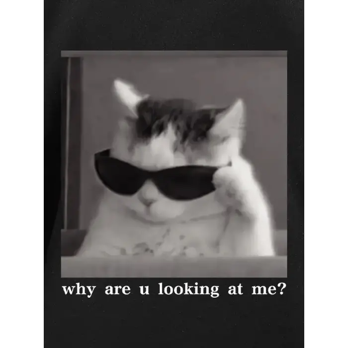 Erkek T-Shirt Komik Kedi Baskılı kısa kol Tişört - Siyah