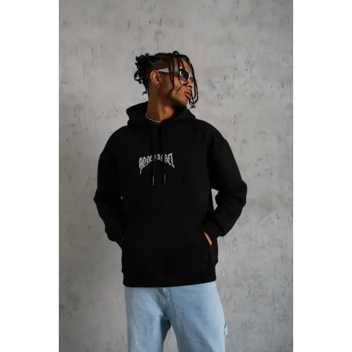 Erkek 3 İplik Pamuklu Baskılı Kapüşonlu Cepli Sweatshirt Hoodie - Siyah