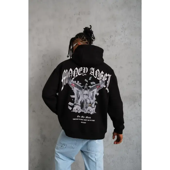 Erkek 3 İplik Pamuklu Baskılı Kapüşonlu Cepli Sweatshirt Hoodie - Siyah