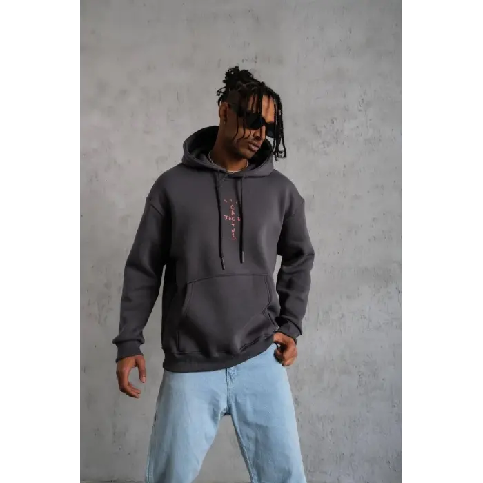 Erkek Kordonlu Arka Maske Kordon Saçlı 3 iplik pamuklu Kapüşonlu sweatshirt - Füme