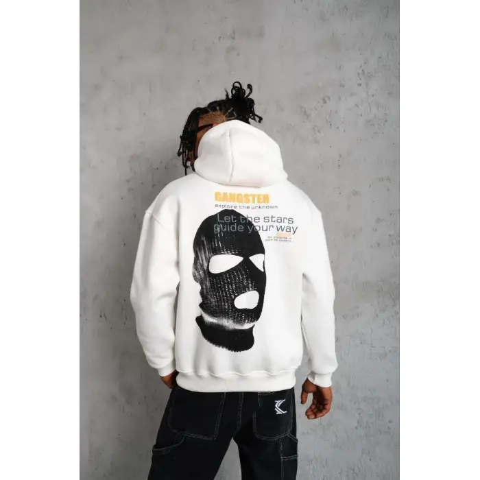 Erkek Maske Baskılı 3 iplik pamuklu Kapüşonlu Sweatshirt hoodie - Beyaz