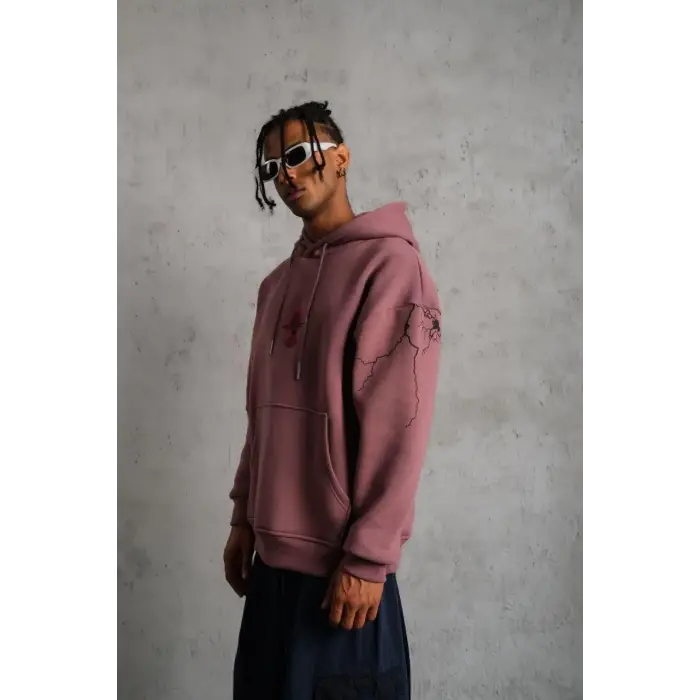 Erkek 3 İplik Pamuklu Kapüşonlu Baskılı Cepli Sweatshirt Hoodie - Gül Kurusu