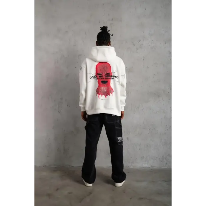 Erkek 3 İplik Pamuklu Kapüşonlu Baskılı Cepli Oversize Sweatshirt Hoodie - Beyaz